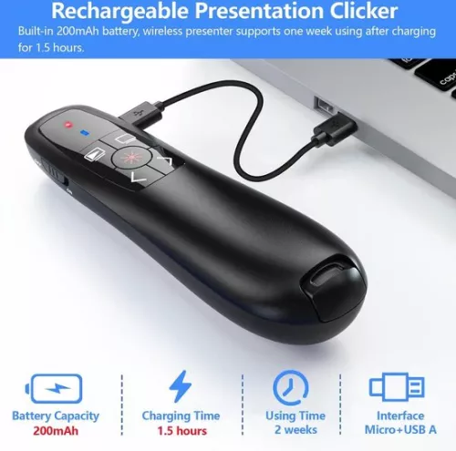 merkloos 2-in-1 USB Type-C presentatieklikker voor PowerPoint-presentaties - Oplaadbare draadloze presentator - Afstandsbediening - Dia-vooruitspoeler - PPT-klikker - Draadloze presentator voor Mac-laptops (6150711857890)