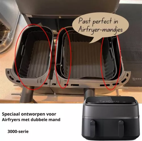 merkloos Airfryer Siliconen Vorm - 2 Stuks - Herbruikbaar - Hittebestendig - Voor Dubbele Airfryer - Antiaanbaklaag - Vetvrij Bakken - Gemakkelijk Schoon te Maken - Duurzaam & Milieuvriendelijk - Geschikt voor Heteluchtfriteuses (8721085245439)