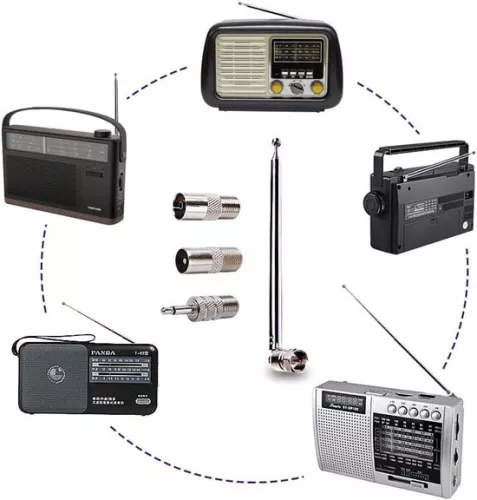 merkloos 7-delige telescopische DAB-radioantenne FM-antenne voor binnengebruik 75 Ohm F-type mannelijke stekker met 3 adapters voor tafelradio, hifi-, AV- en stereo-ontvanger, mini-systeem (8785322946268)