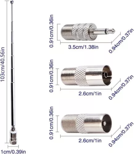 merkloos 7-delige telescopische DAB-radioantenne FM-antenne voor binnengebruik 75 Ohm F-type mannelijke stekker met 3 adapters voor tafelradio, hifi-, AV- en stereo-ontvanger, mini-systeem (8785322946268)