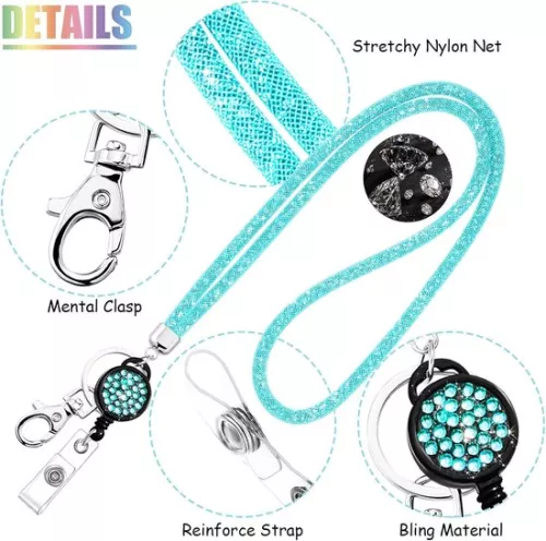 merkloos Kristallen Lanyard Ketting - ID-kaarthouder en Sleutelhanger - 1 Stuk - Blauw - met Strass (9503965769896)
