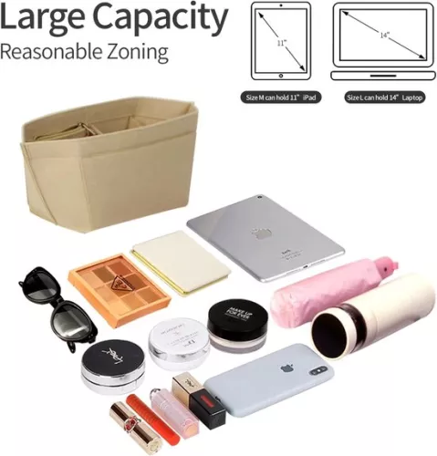 merkloos Tasorganizer voor handtas - Organizer met 8 compartimenten - Beige - Vilt - Groot (9503971173731)