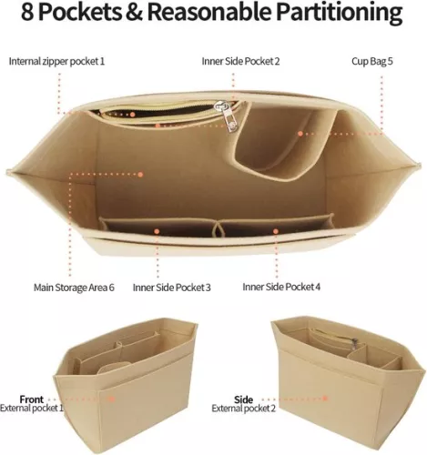 merkloos Tasorganizer voor handtas - Organizer met 8 compartimenten - Beige - Vilt - Groot (9503971173731)