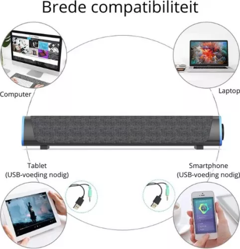merkloos Mini Soundbar PC-luidspreker - Computerluidspreker - RGB-verlichting - Surround Sound - Grijs (8721022414126)