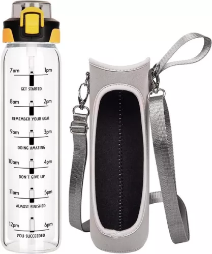 Lekvrije glazen waterfles - met rietje en tijdmarkeringen - 1 liter