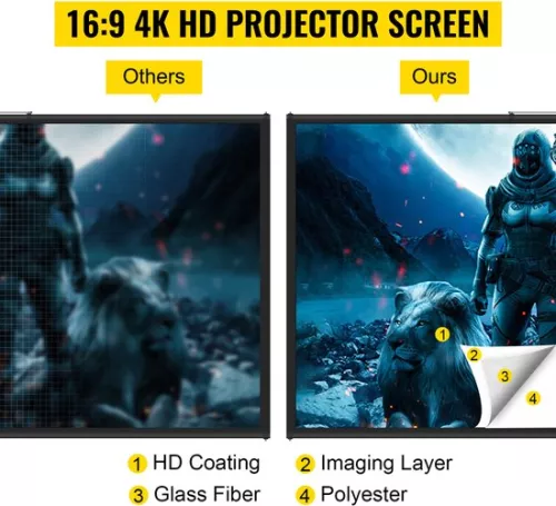 merkloos Draagbaar projectiescherm met standaard, 100 inch, 4K HD-resolutie, beeldverhouding 16:9, verstelbare hoogte, met polyester scherm en aluminium standaard (8721334168083)