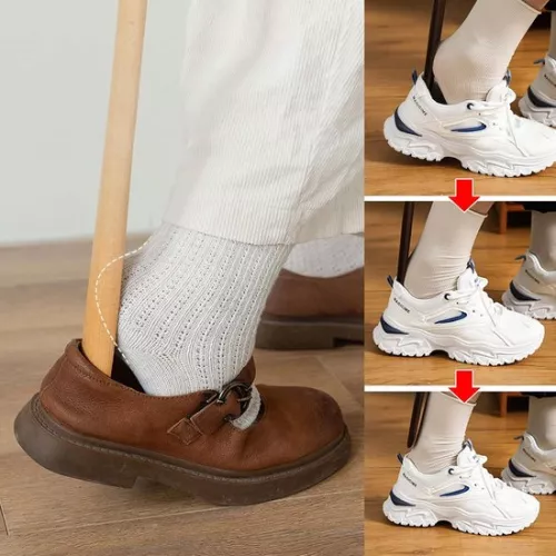 merkloos Lange houten schoenlepel - 2 stuks - Zwart en lichtbruin - 38 cm (9506883589973)