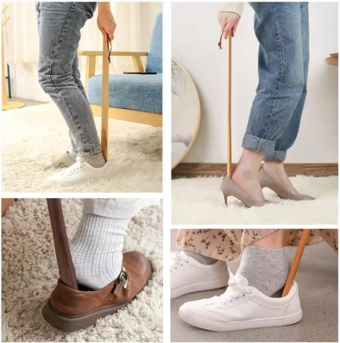 merkloos Lange houten schoenlepel - 2 stuks - Zwart en lichtbruin - 38 cm (9506883589973)