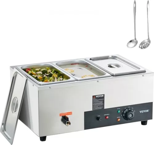 Voedselwarmer van roestvrij staal, 1500 W, 3 buffetbakken van 8,8 liter, 176 x 325 x 150 mm. Elke verwarmingsplaat kan worden gebruikt, inclusief deksel, aftapkraan en droogkookindicator, voor kantine, café, etc.