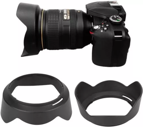 Zonnekap HB-53 Zwarte plastic zonnekap voor Nikon AF S 24-120mm F 4G ED VR lenzen met inhoud.