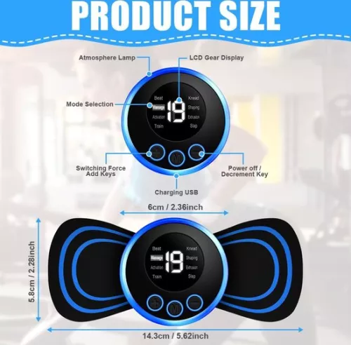 merkloos Mini nekmassager, draagbare massager, mini nekmassager, 8 standen, 19 posities, EMS-massager, draagbare elektrische mini-massage, 4 massagekussens (8721284431206)