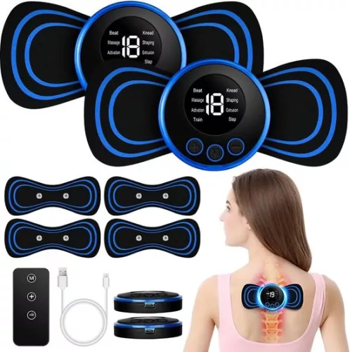 merkloos Mini nekmassager, draagbare massager, mini nekmassager, 8 standen, 19 posities, EMS-massager, draagbare elektrische mini-massage, 4 massagekussens (8721284431206)