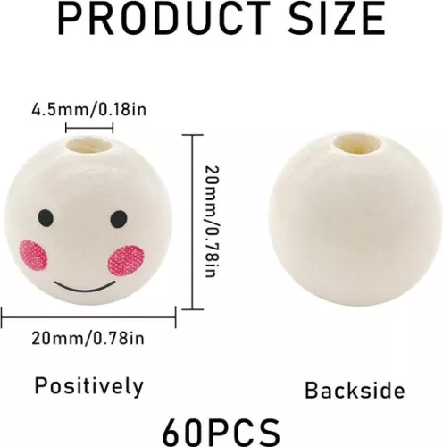 merkloos Set van 20 mm ronde, natuurlijke houten kralen met gezichtje - 60 stuks houten kralen met gezichtjes (9505697343344)