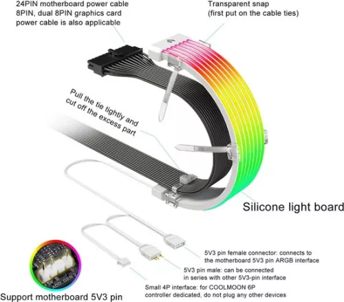 merkloos RGB-stroomverlengkabelset - 24-pins ATX-kabel - Gesynchroniseerde voedingskabel met LED - Zachte siliconen slang (8785306193008)