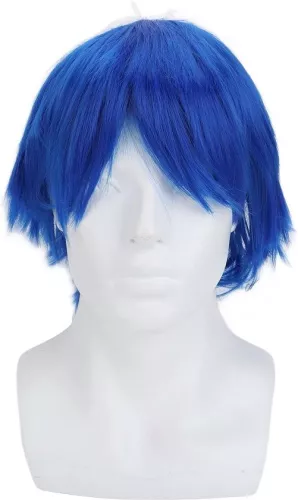 Korte, pluizige, blauwe anime cosplay-feestkostuum met synthetisch haar.