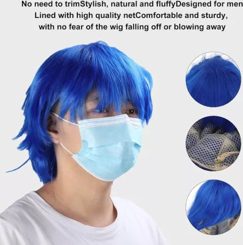 merkloos Korte, pluizige, blauwe anime cosplay-feestkostuum met synthetisch haar. (6151923685653)
