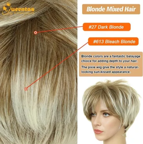 merkloos Gemengde blonde korte laag natuurhaar met pony synthetische pruik - hittebestendig - volledige pruiken voor vrouwen en meisjes Pruiken dames (8785300745197)