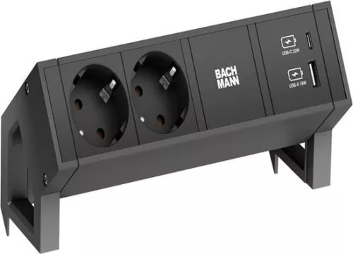 Bachmann Desk 2 met 2x stopcontact + USB A/C lader, 0,2 meter GST18-3 - zwart (902962) - stopcontactcombinatie