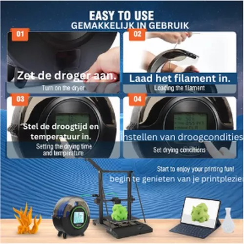 Jacer SUNLU S2 FDM 3D-printer filamentdroger, snel en gelijkmatig drogend, ingebouwde ventilator, 360° verwarming, 4,6-inch touchscreen, filamentdroger (8721098680647)