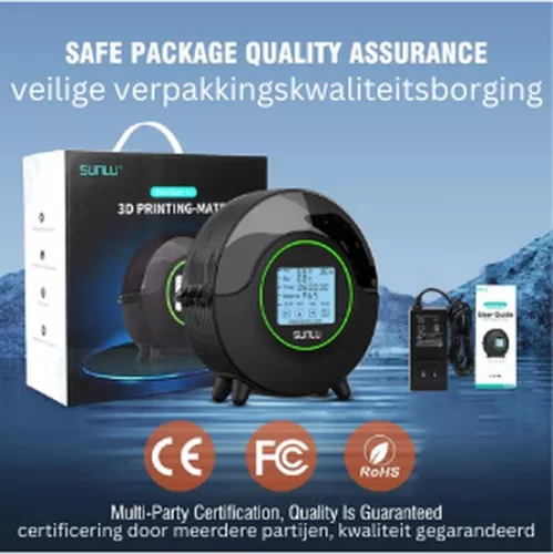 Jacer SUNLU S2 FDM 3D-printer filamentdroger, snel en gelijkmatig drogend, ingebouwde ventilator, 360° verwarming, 4,6-inch touchscreen, filamentdroger (8721098680647)