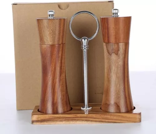 Merkloos KKC Zout- en pepermolen, handmatige houten verstelbare keramische molen, kruidenmolen voor grof zout, acaciahouten zoutmolen, pepermolens, keukenpeper, chilimolens, molenset met schaal 15 cm (4800437605726)