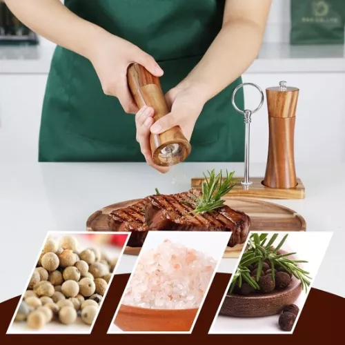 Merkloos KKC Zout- en pepermolen, handmatige houten verstelbare keramische molen, kruidenmolen voor grof zout, acaciahouten zoutmolen, pepermolens, keukenpeper, chilimolens, molenset met schaal 15 cm (4800437605726)