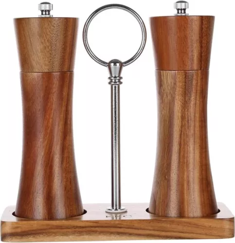 KKC Zout- en pepermolen, handmatige houten verstelbare keramische molen, kruidenmolen voor grof zout, acaciahouten zoutmolen, pepermolens, keukenpeper, chilimolens, molenset met schaal 15 cm