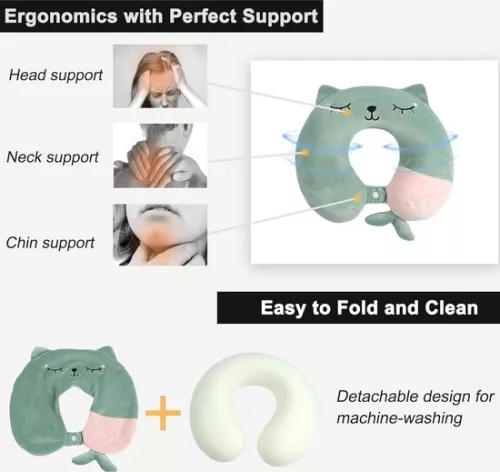 merkloos Zacht traagschuim nekkussen voor volwassenen en kinderen - U-vormig reiskussen voor thuis, op kantoor, op de camping en op reis - Groen (7595980995802)