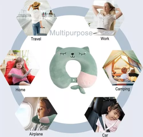merkloos Zacht traagschuim nekkussen voor volwassenen en kinderen - U-vormig reiskussen voor thuis, op kantoor, op de camping en op reis - Groen (7595980995802)