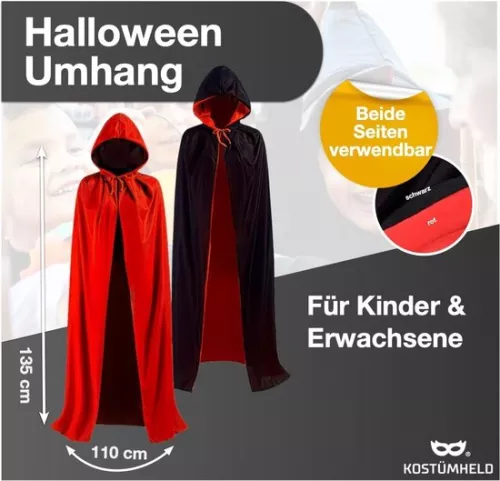 Merkloos Halloween vampier kostuum cape - rood & zwart - cape met capuchon voor kinderen & volwassenen - dames & heren (8785300201815)