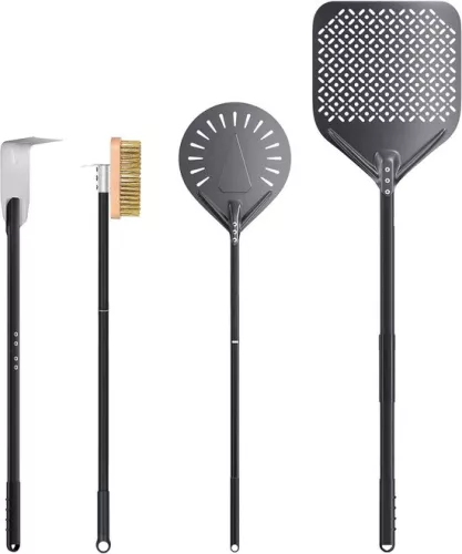 Set van 4 pizza-accessoires voor thuis en in restaurants: geperforeerde pizzaschep, pizzaspatel en reinigingsborstel