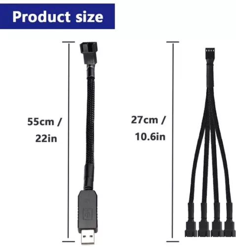 merkloos Aansluitkabel voor ventilator, pc, 12V step-up USB-stekker naar 4-pins mannelijk met 3 x 3-pins aansluiting en voeding, 55 cm (12 inch) (9501155992192)