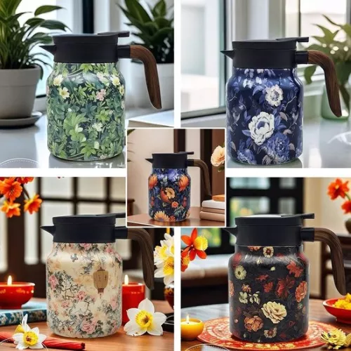 Raidley Vintage theepot met bloemenpatroon, Doresty thermoskan, nieuwe Raidley Vintage theethermoskan met infuser (2025), mini-koffiekan, roestvrijstalen thermoskan met deksel voor warme dranken, 1000 ml