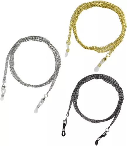 merkloos 3-delige brillenketting - Zonnebrilketting, brillenketting, antislip metalen leesbrillenketting, brillenband voor mannen en vrouwen, sportief (zilver, goud, zwart, 76 cm lang) (8785322872574)