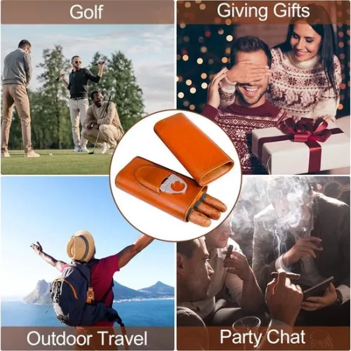 merkloos Sigarenkoker voor 3 sigaren - leren sigarenkoker met sigarenknipper - roestvrij staal - buisvormige humidor - draagbare humidor voor op reis - bruin. (6152351040045)