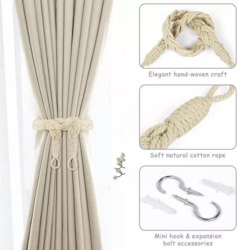 2-pack gordijnbanden - 60cm gordijnkoordgesp - handgeweven gordijnbanden - gedraaide gordijnbanden - met haken - geschikt voor thuis, kantoor, woonkamer, slaapkamer