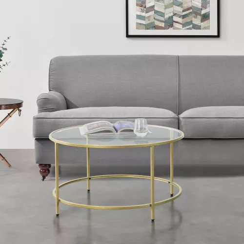 In And OutdoorMatch In And OutdoorMatch Salontafel Leila - Rond Glas en Metaal - 45,5xØ84 cm - Goud - Stijlvol Design (68394)