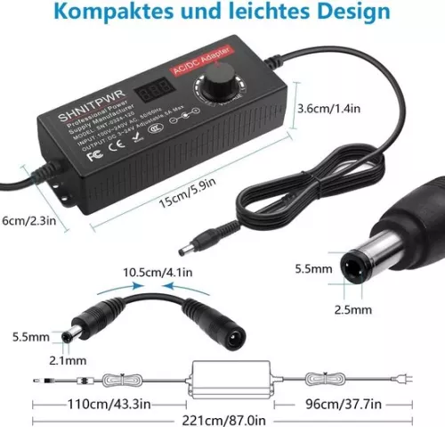 merkloos Universele voeding 3V ~ 24V 120W 5A - Schakeladapter met adapterstekker - Elektronische apparaten, fotolijstjes, babyfoons, camera's, LED-strips - maximaal 5000 mA (9504537515668)